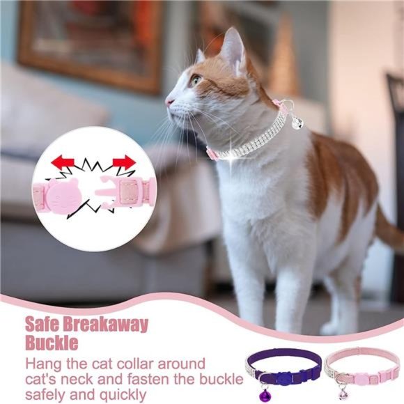 Soft Velvet Safe Cat Collars for Girl Cats -2 Pack Rhinestones Bling Diamante - Picture 6 of 6